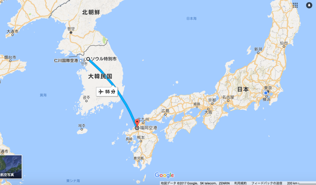 福岡とソウル間の飛行時間と距離